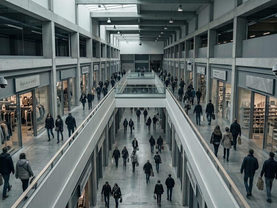 A shopping centre concourse seen from an upper level, shoppers spread across the floor below.